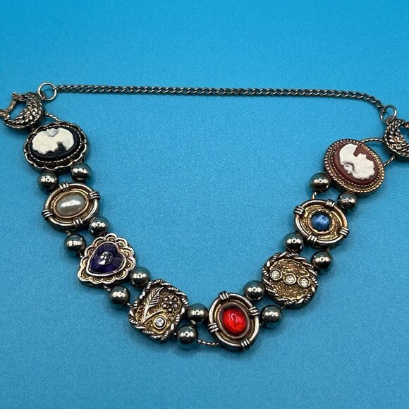 Vintage Cameo Slide Charm Bracelet with Gemstone Accents Ornate Victorian Design - Picture 1 of 12